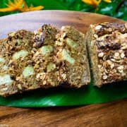 Sliced banana bread on banana leaf