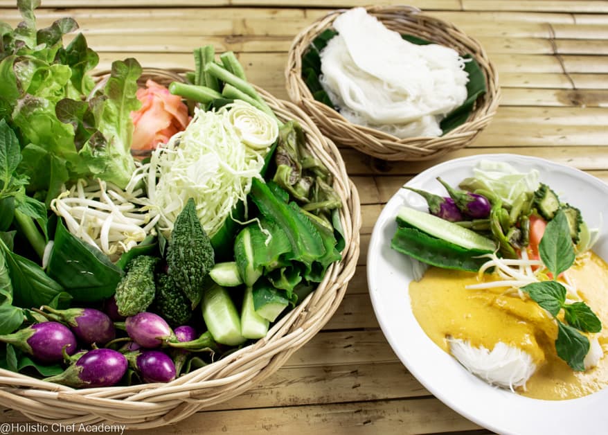 Kanom jeen noodles with selection of garnish ready to eat