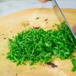 chopping fresh mint to add to tabbouleh